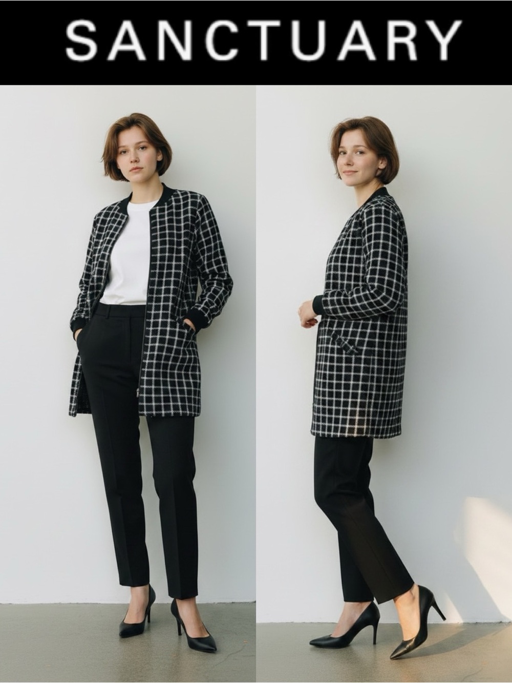 SANCTUARY CITY TOPPER WINDOWPANE ZIP
FRONT JACKET NWT BLACK WHITE SIZE M PETITE